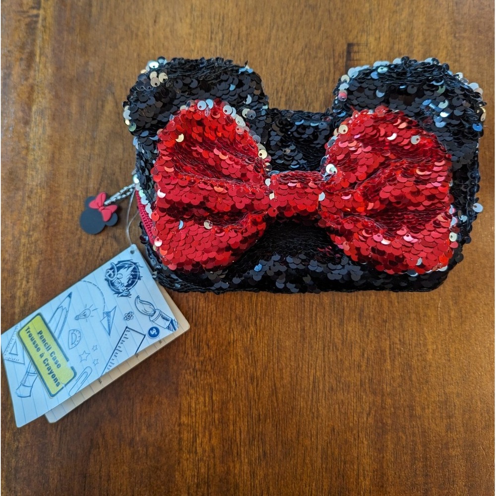 Disney Parks Minnie Mouse Bow Reversible Sequin Pencil Case Bag - NEW - Picture 2 of 6